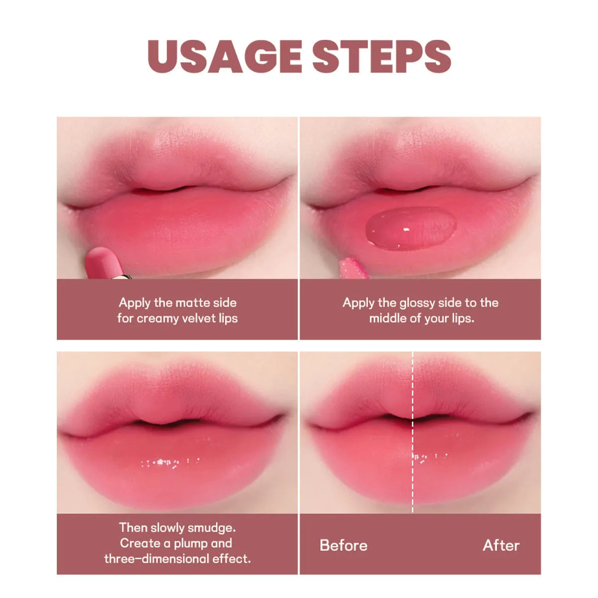 Double-ended lipstick and lip gloss set showing matte and glossy ends in one of ten available colour shades