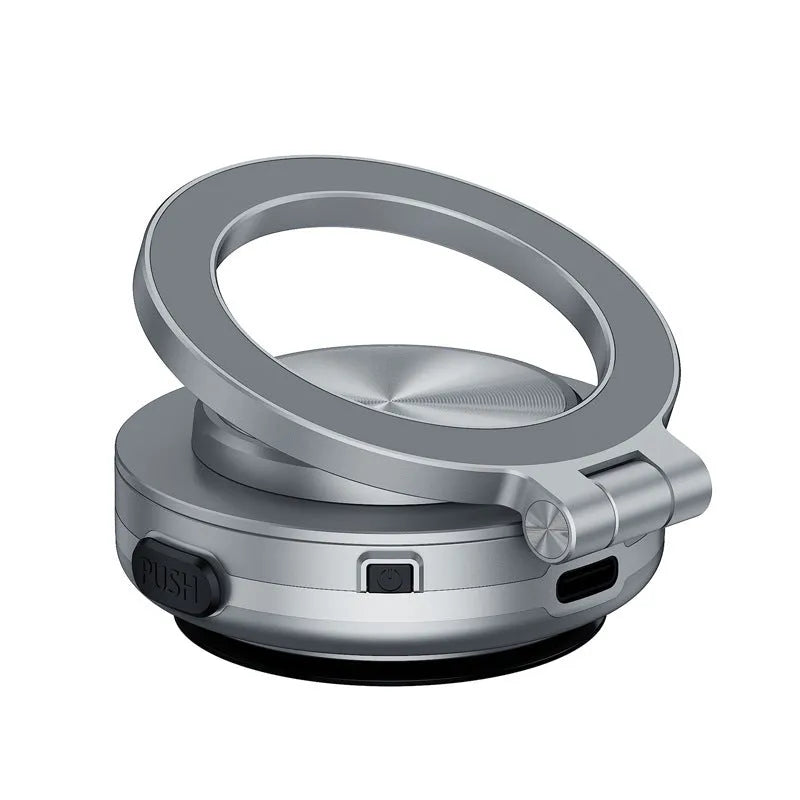 Vacuum adsorption magnetic multi-function car phone holder in black with aluminium alloy parts on dashboard