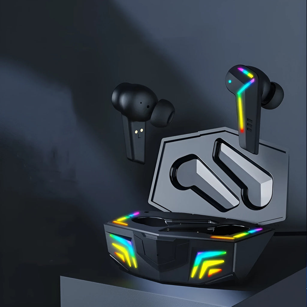 Black wireless TWS Bluetooth sports headset with low-latency gaming audio.