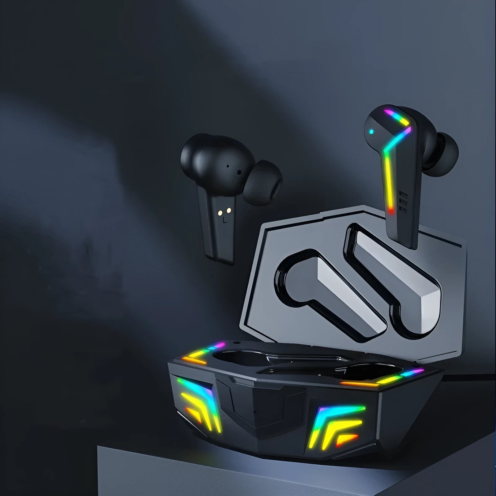 Black wireless TWS Bluetooth sports headset with low-latency gaming audio.