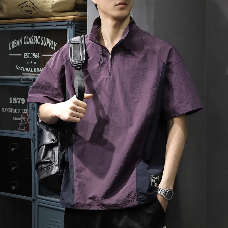 Brown men's half-zip stand collar short sleeve shirt made from ice silk fabric.