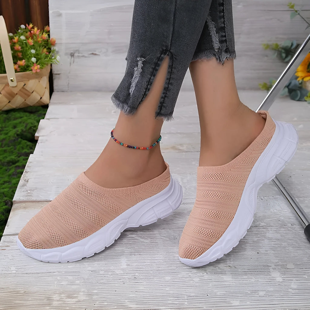 Women's casual mesh wedge heel slippers in gray, round toe, slip-on style with rubber sole