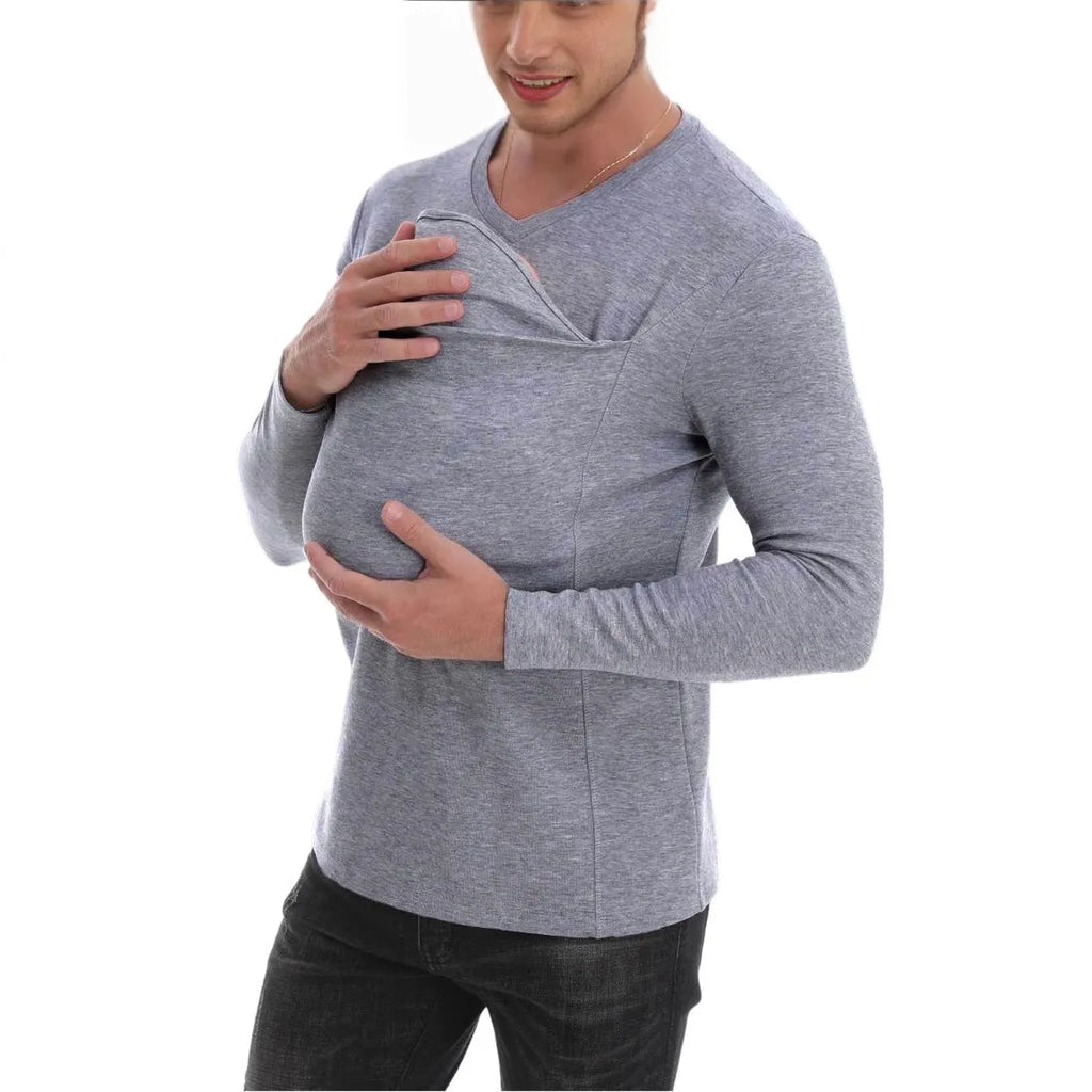 Kangaroo Dad pure cotton long sleeve T-shirt in gray, solid colour spliced design pullover