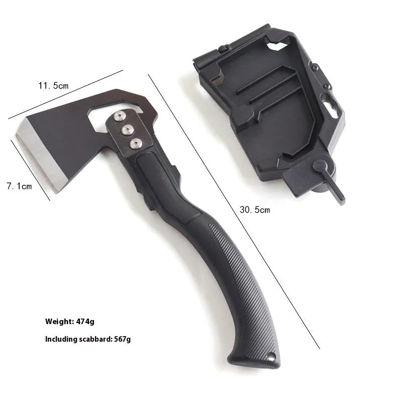 Stainless steel multi-functional camping axe with ABS plastic handle measuring 40cm
