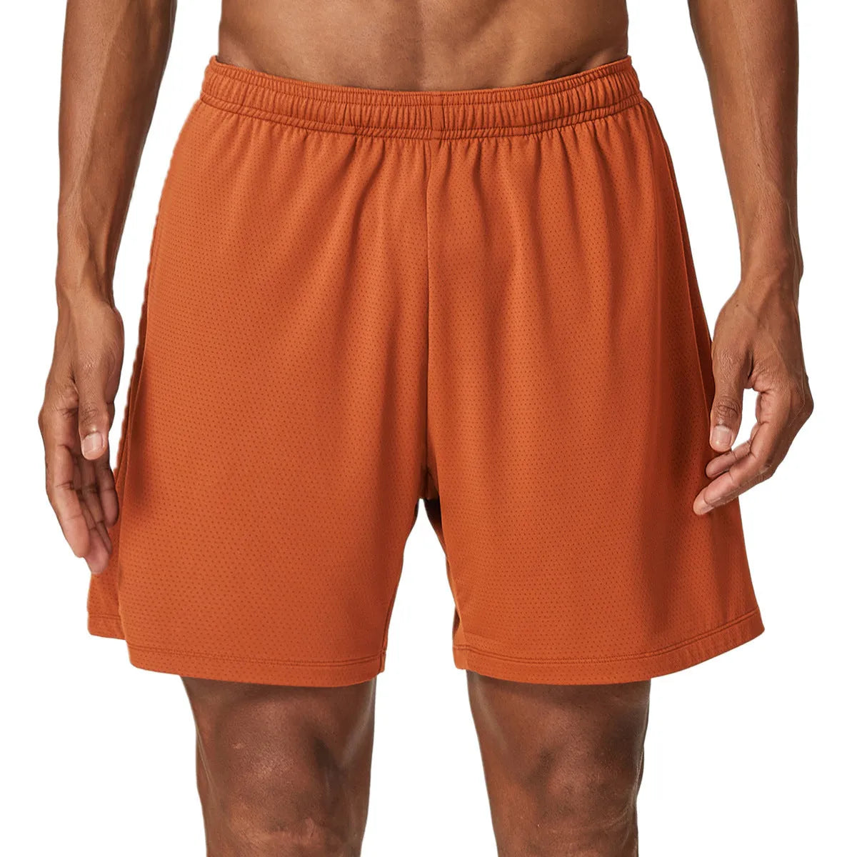 Men's quick-drying double-layer running shorts in sky green colour, laid flat to show mid-waist fit and shorts length.