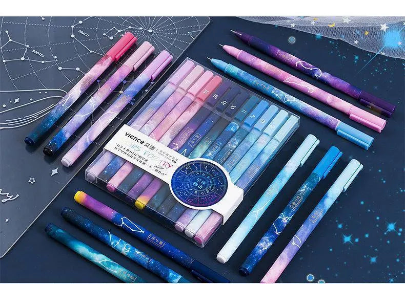 Set of twelve plastic ballpoint pens with different constellation and zodiac designs