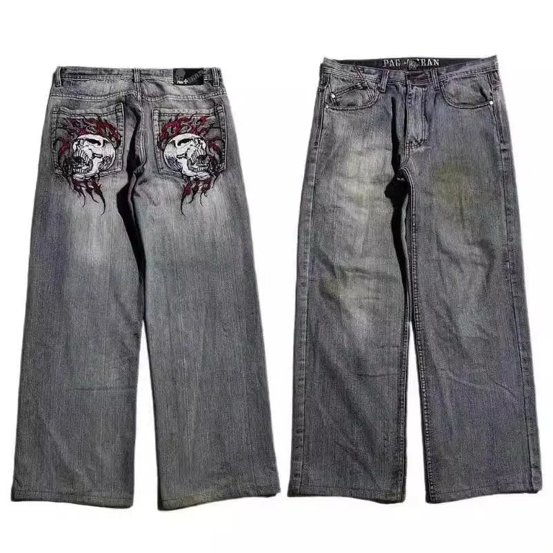 Men's grey washed-out jeans with American retro styling and wide-leg workwear design