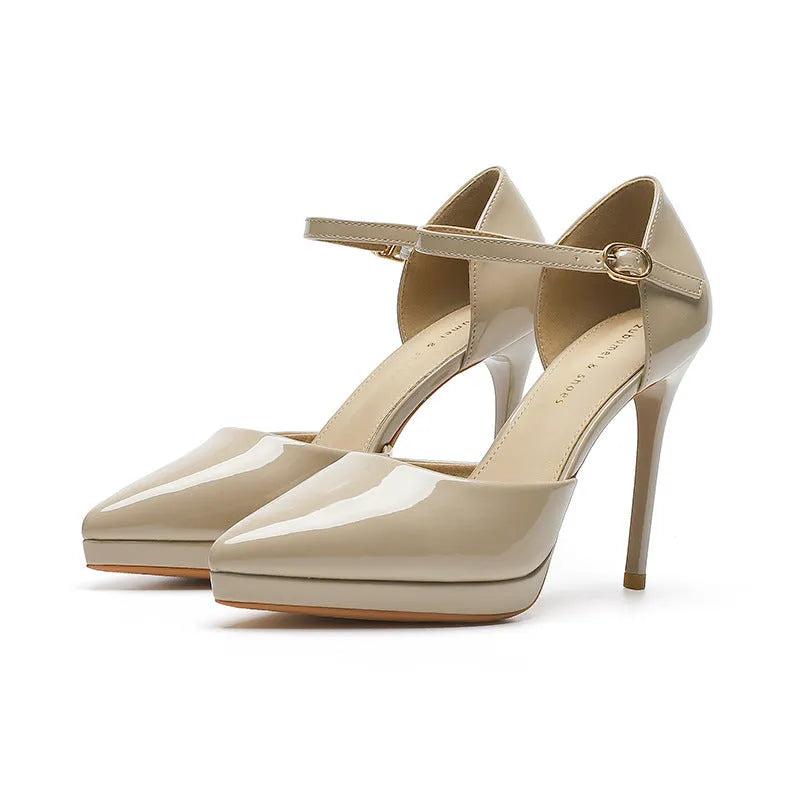 Pointed-toe platform high heels with 10.5cm stiletto heel in leather upper and hollow detail