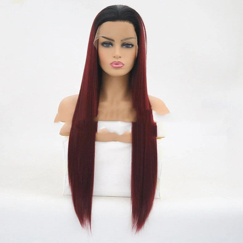 Burgundy trellis headpiece with 26-inch straight high temperature silk hair