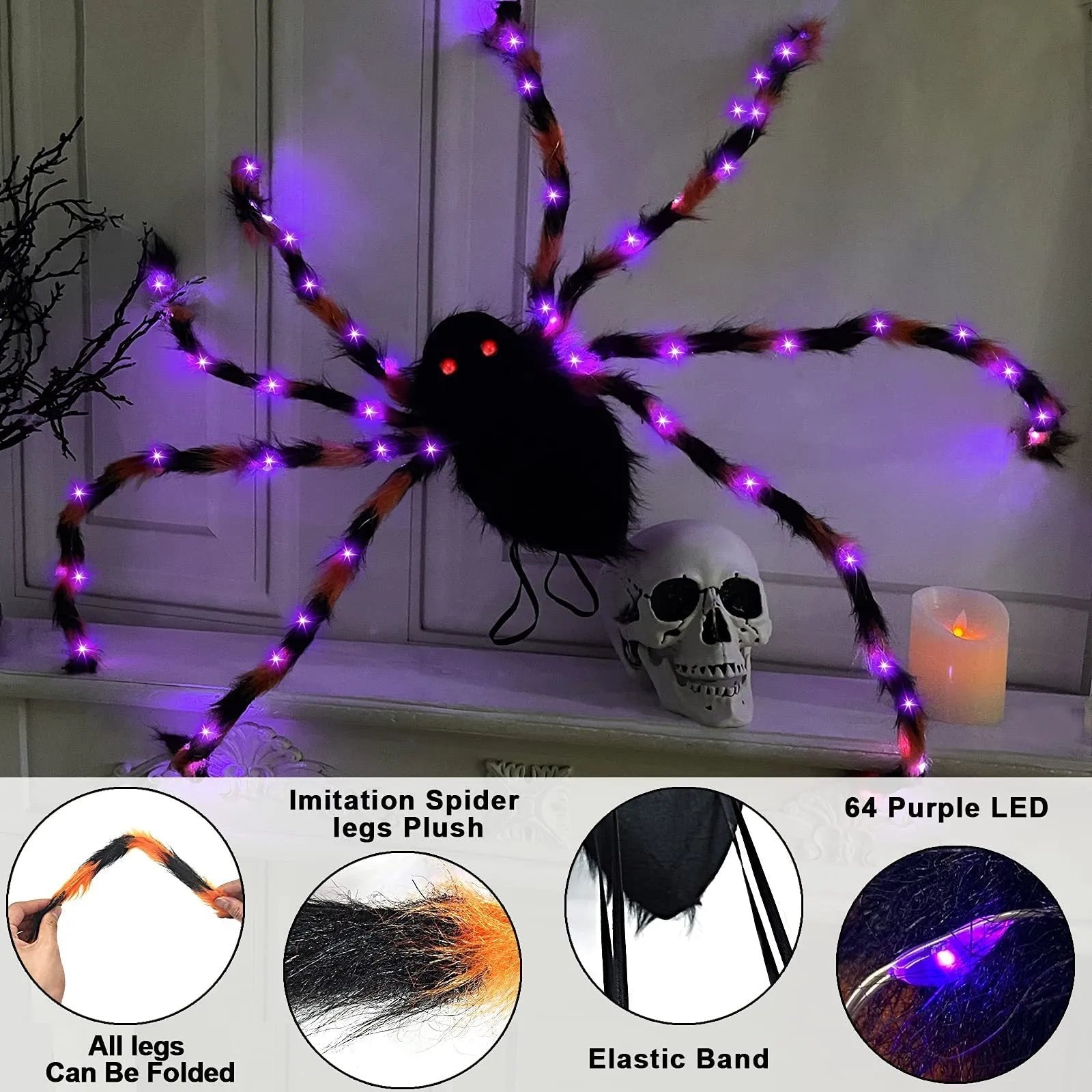 Plush Halloween spider backpack with LED lights in a green purple light colour variant.