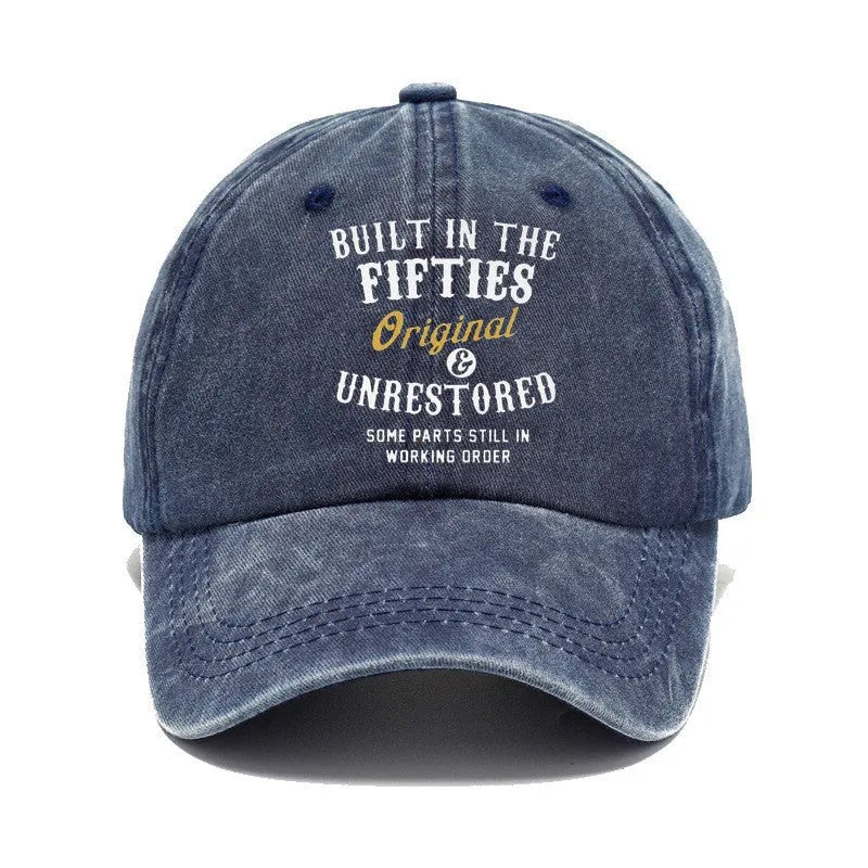 Washed cotton distressed vintage dad baseball cap in Fifties Black, adjustable fit, printed finish