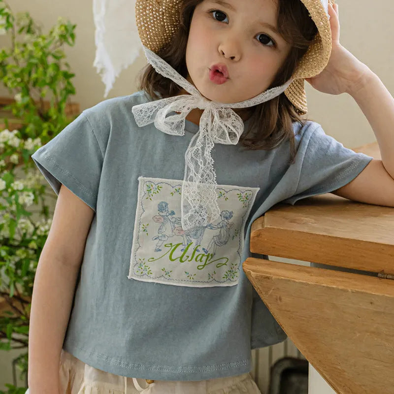 Girls retro pure colour cotton T-shirt with flower patches in pink, suitable for height 90-150cm