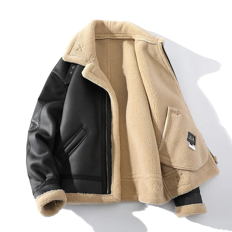 Men's winter fleece-lined short sheepskin PU leather coat in black, retro style, sizes M to 5XL