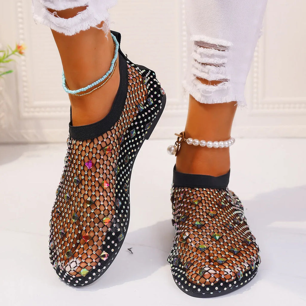 Women's mesh flat sandals with colourful rhinestone decoration and round toe design