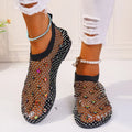 Women's mesh flat sandals with colourful rhinestone decoration and round toe design