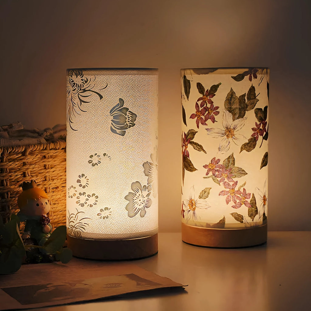 Creative floral fabric table lamp with 3W LED warm light and remote control in black oil painting colour