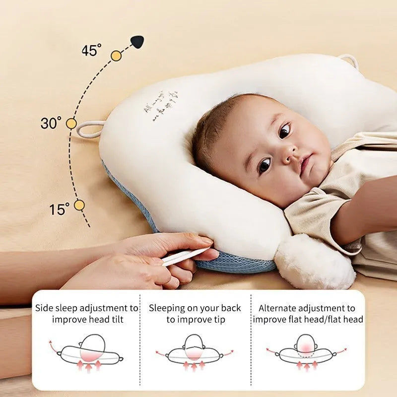 U-shaped baby head pillow in pure cotton, shown in blue and pink colour options.