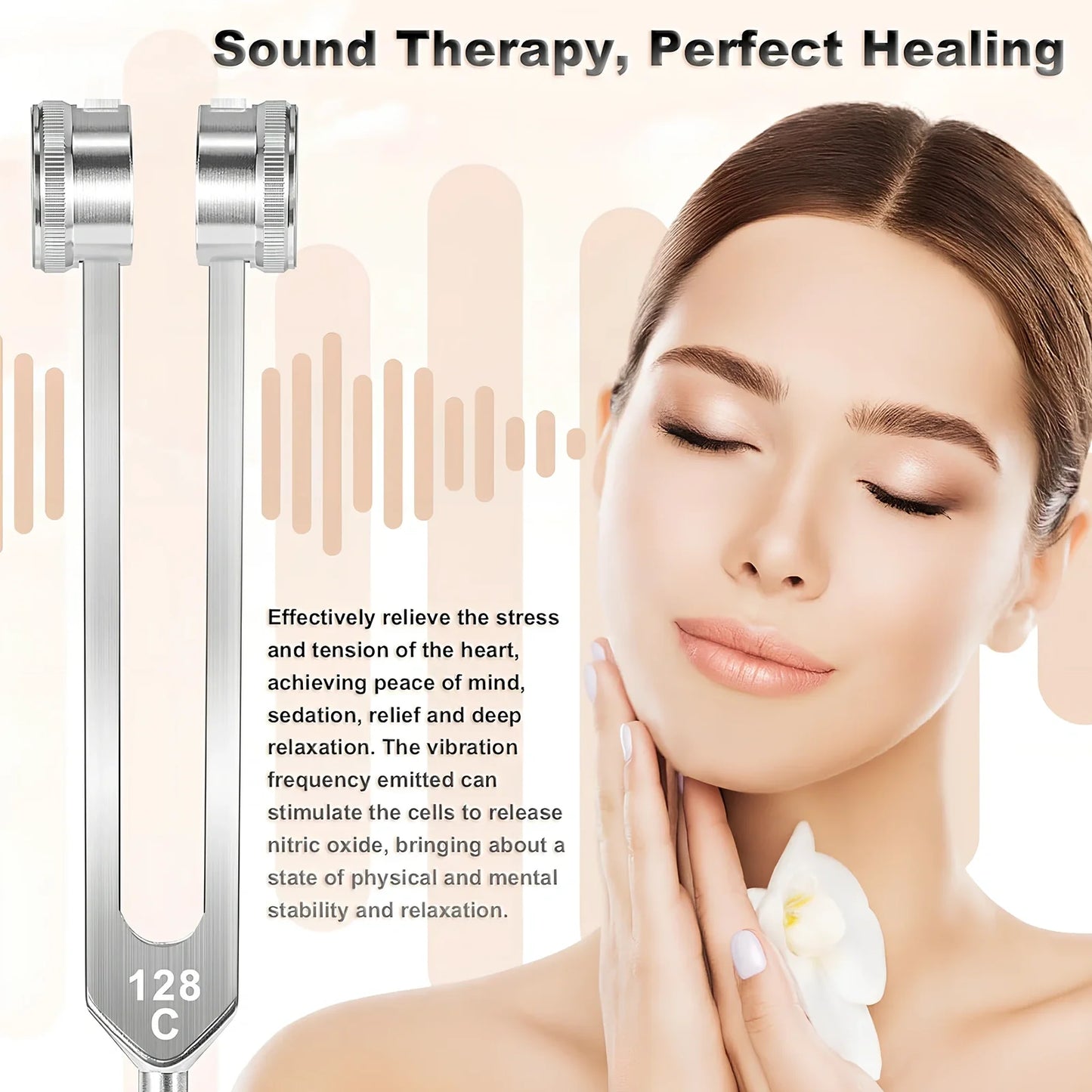 Silver 128 Hz weighted bio-acoustic tuning fork set with hammer, velvet pouch, and accessories for sound therapy