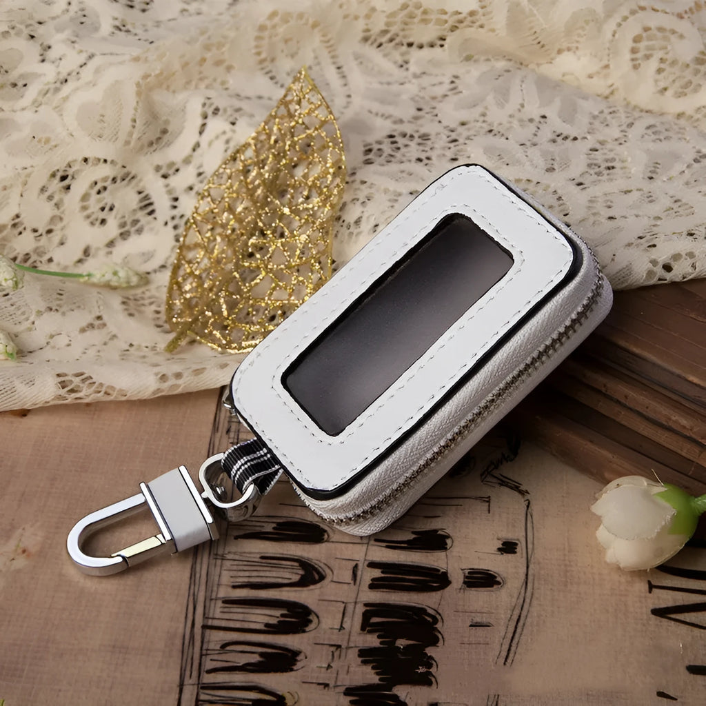 White genuine leather square car key case with plain weave texture, shown with dimensions.