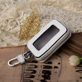 White genuine leather square car key case with plain weave texture, shown with dimensions.