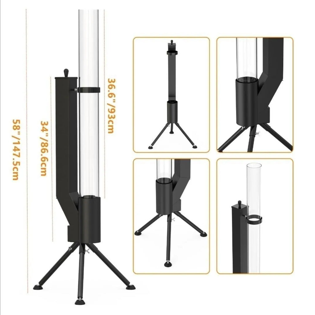 Vertical iron wood burning rocket furnace stove for outdoor courtyard heating.