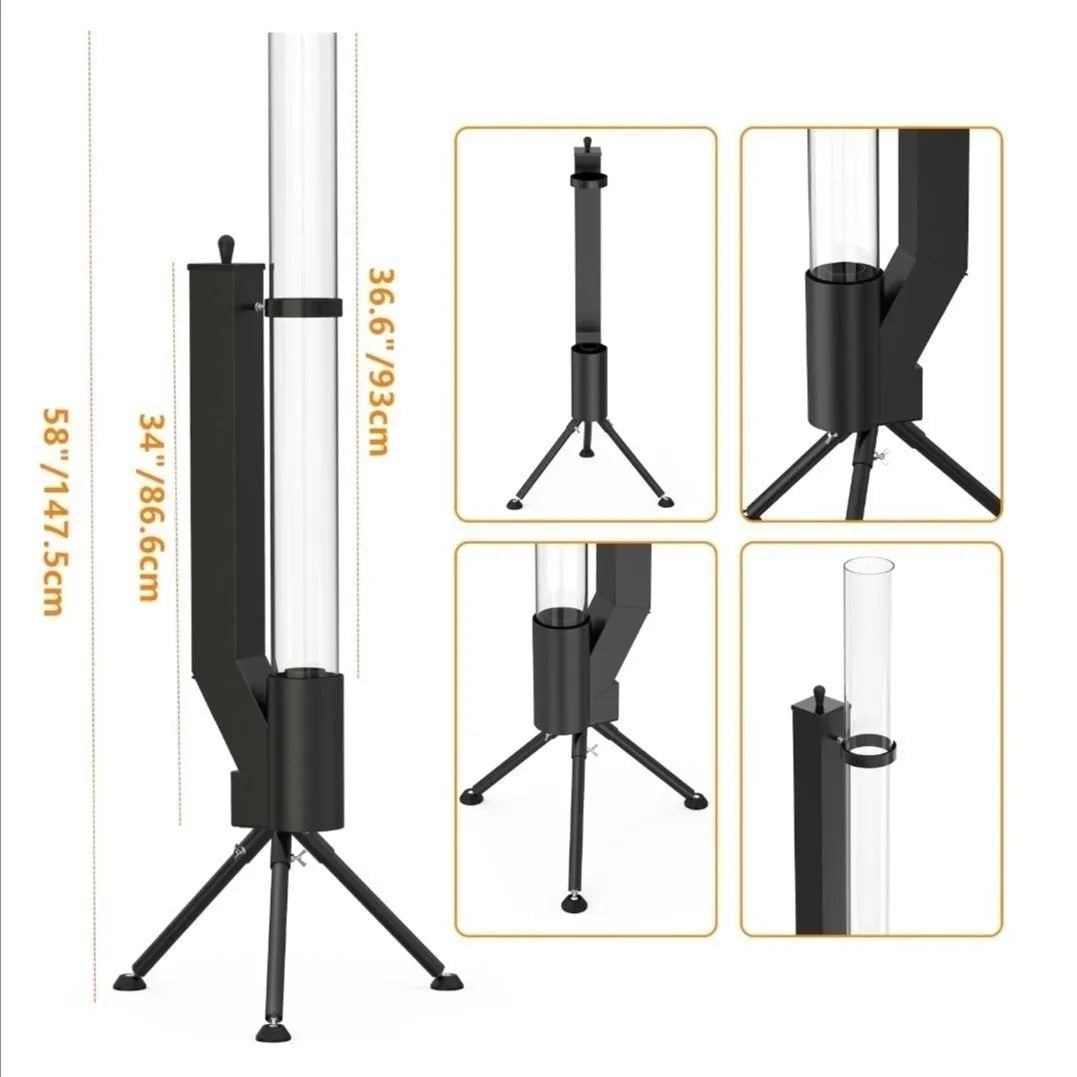 Vertical iron wood burning rocket furnace stove for outdoor courtyard heating.