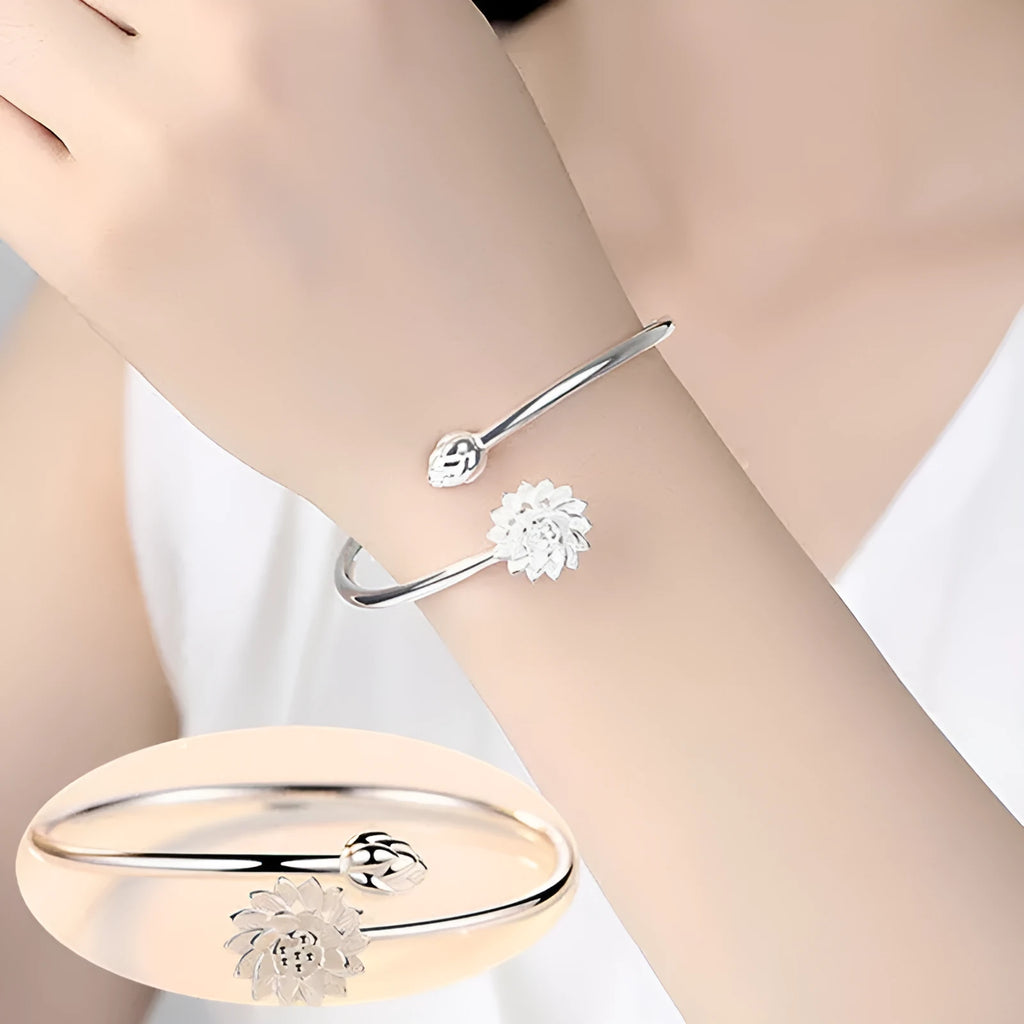 Snow Lotus silver bracelet for women, copper electroplated open style with lotus motif, Korean fashion jewellery
