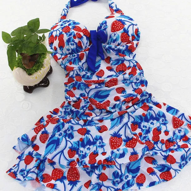 Women's cross-strap backless strawberry print one-piece swimsuit with push-up construction