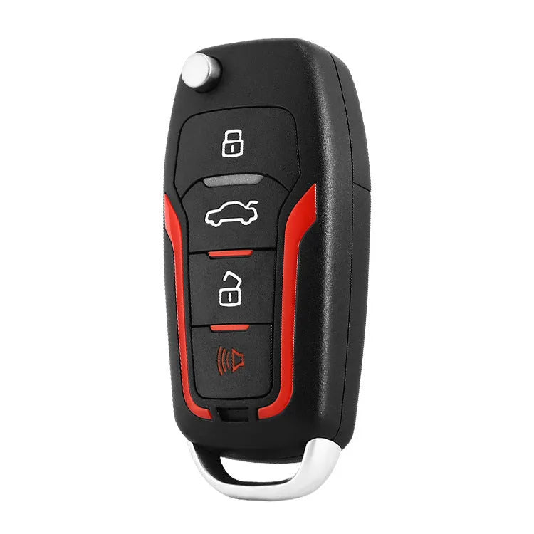 Red and frosted black one-way remote car alarm system with two remotes for vehicle security.