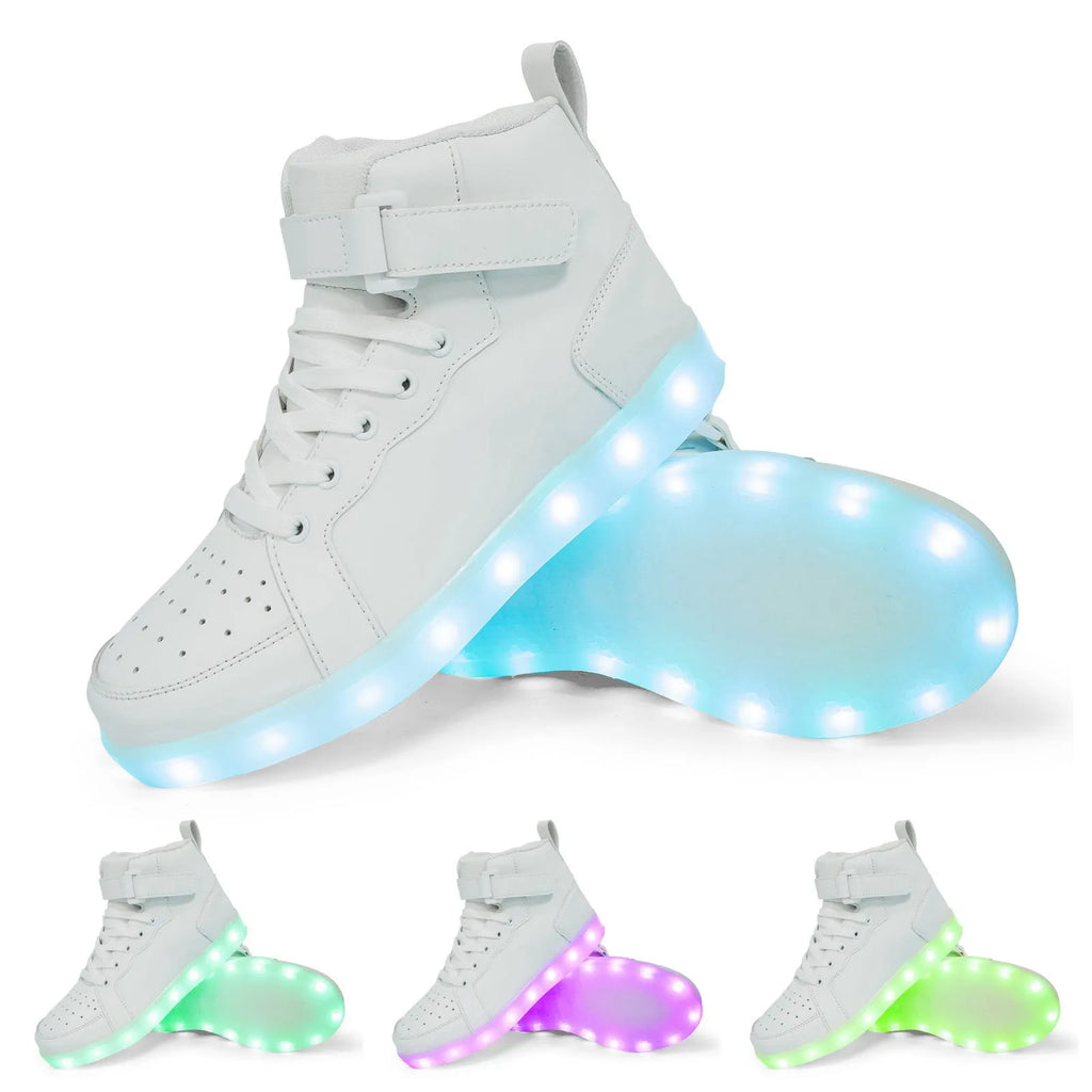 LED light-up high-top board shoes with Velcro strap in black, gold, or white on rubber sole
