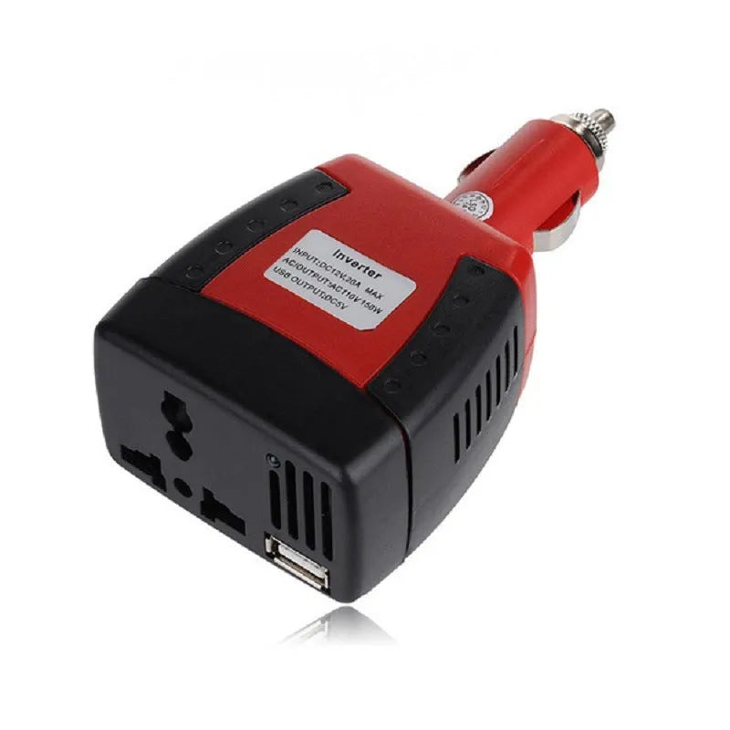 Red 150W car inverter with 12V to 220V/110V output and dual cigarette lighter sockets, 12 x 6.5cm