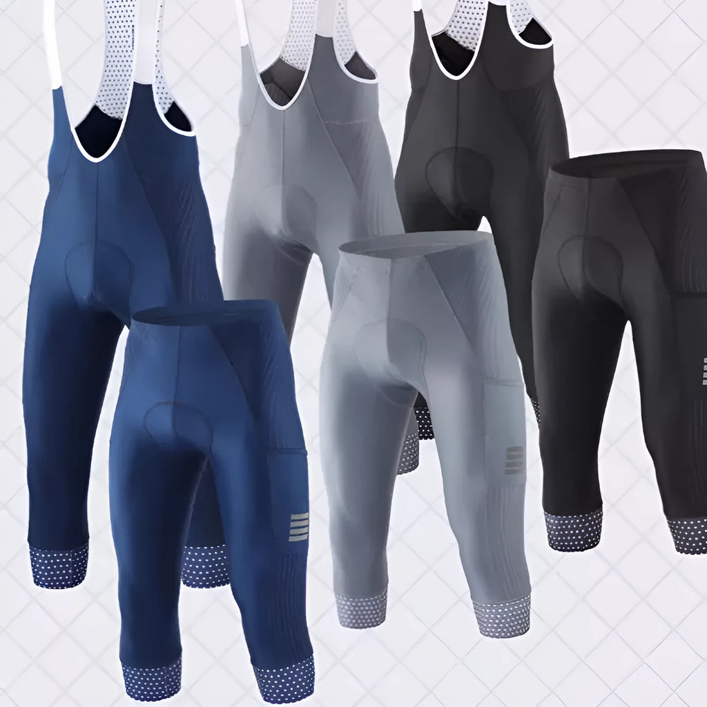 Shock-absorbing cycling pants with seven-inch cut, double pockets, and road mountain bike strap design