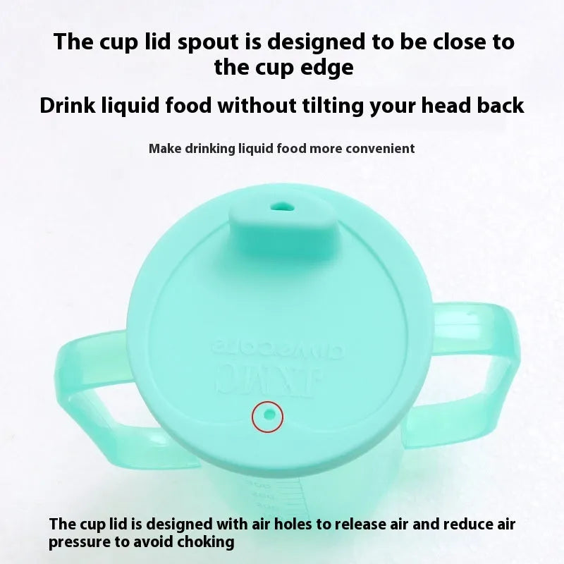 A white PP plastic choke proof drinking cup with a handle, lid, and oblique mouth spout for bedside use.