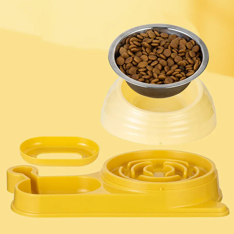 Elevated cat food bowl with attached water dispenser bottle in green colour