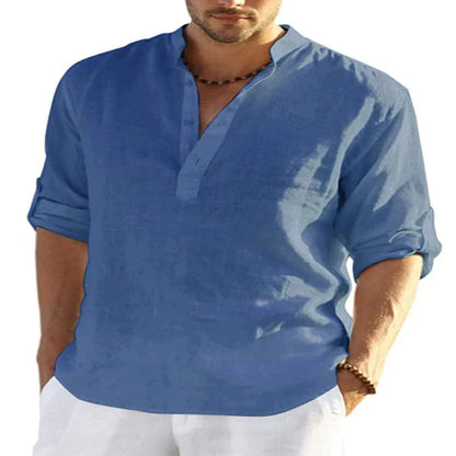 A stylish linen blend long sleeve shirt in various colors, featuring a tailored fit and stand collar design.