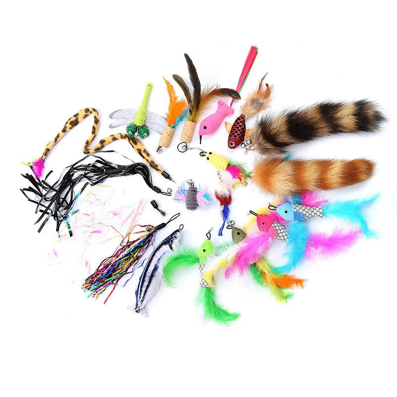 Cat teasing rod set with two extendable wands and ten feather teasing heads
