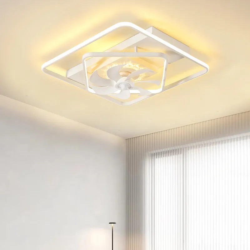 White modern ceiling fan with integrated light and remote control for living room or bedroom