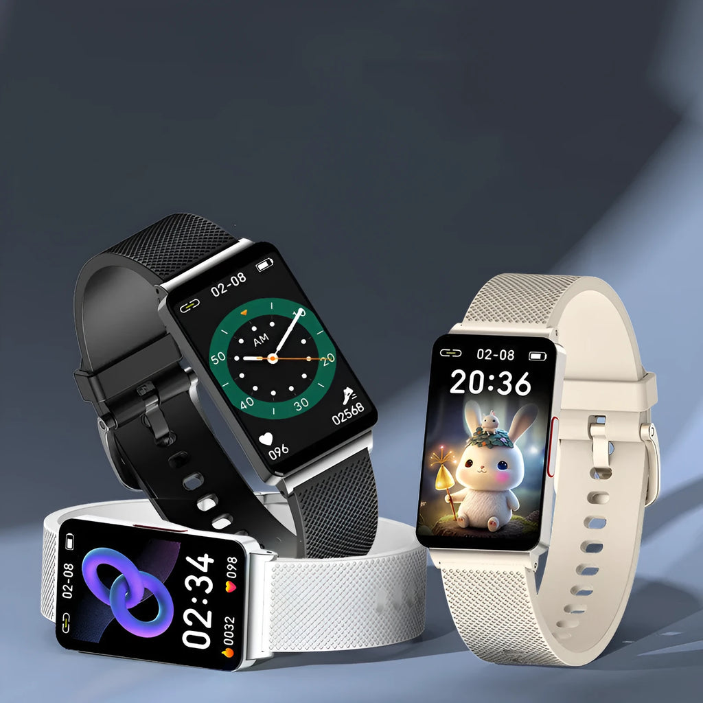 Blood Glucose EP08 Smart Bracelet in black, gold, or silver with colour display and TPU strap.