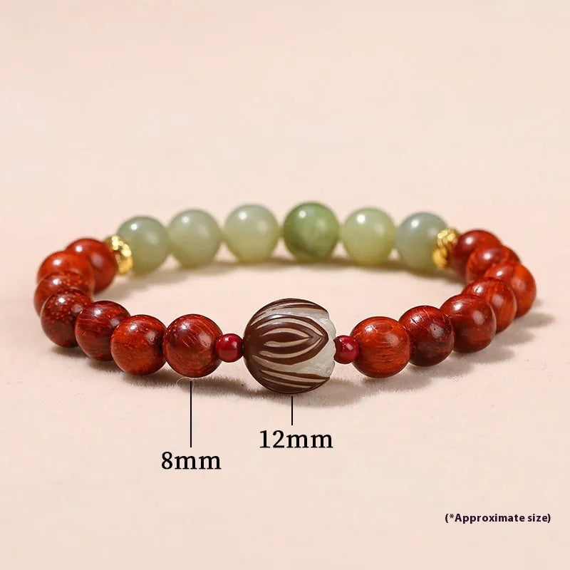 Red rosewood and gray jade women's bracelet with 8mm Bodhi Lotus charm in Chinese style geometric design