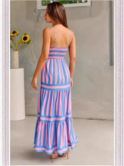 Stylish backless striped dress with square neckline, perfect for beach vacations