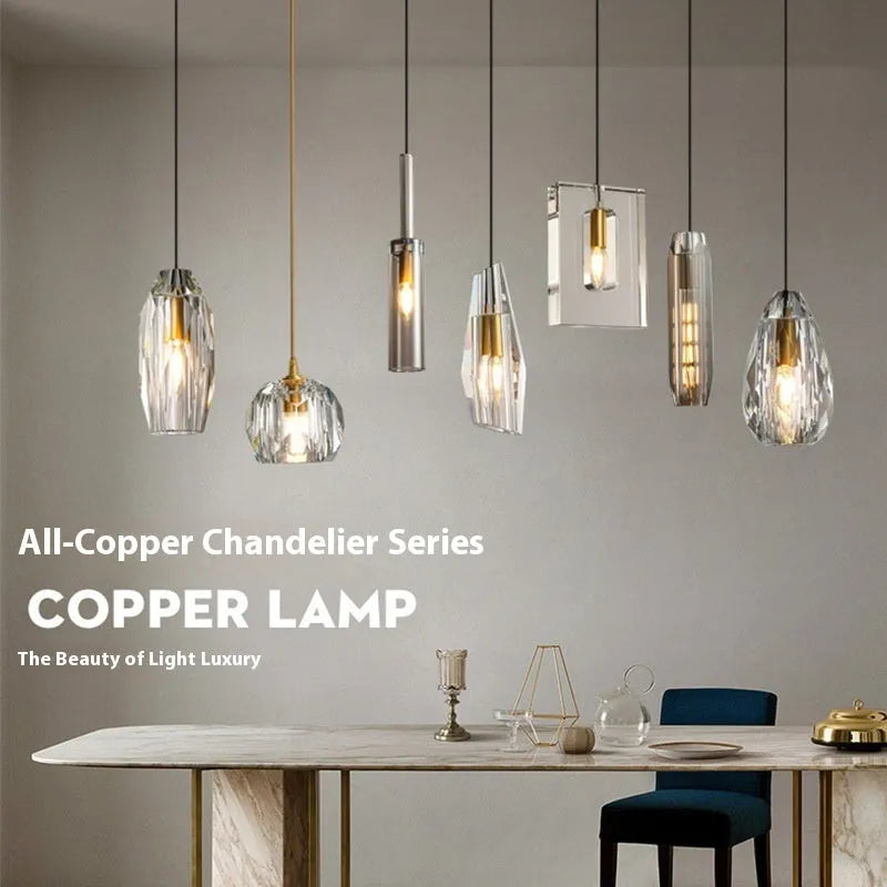 Pure copper crystal chandelier 11cm diameter 25cm height warm light E14 bulb H65 brass option on ceiling