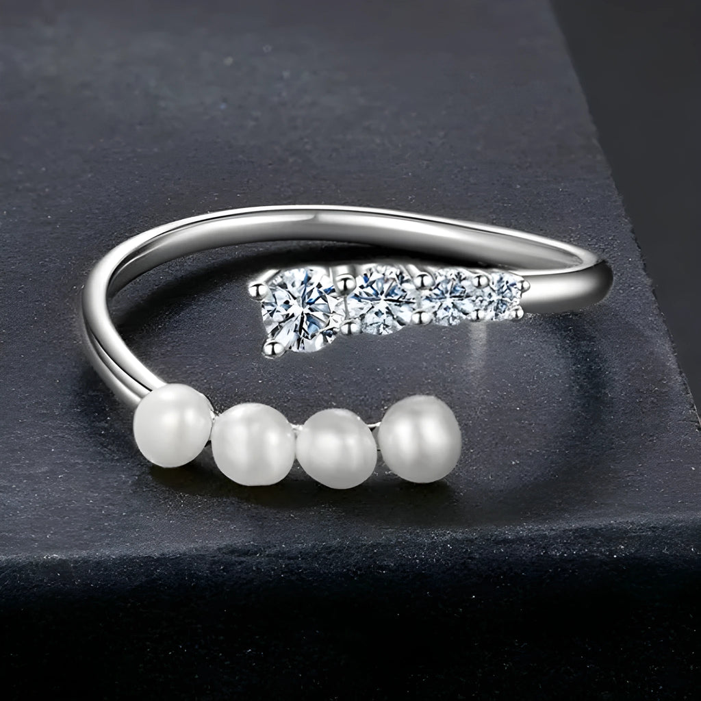 Silver pearl moissanite open ring with adjustable opening, electroplating finish, 50 Points colour