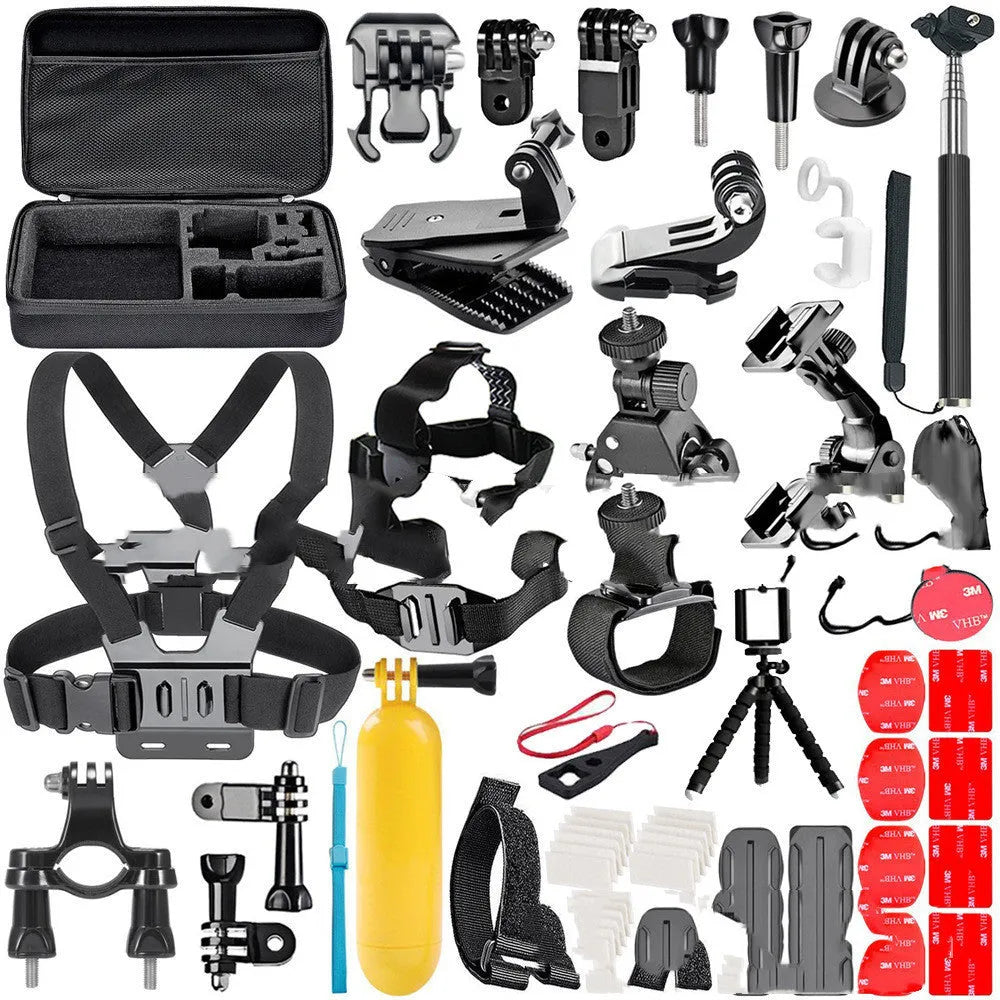 Black GoPro accessories set with chest strap, helmet mount, and tripod for action cameras