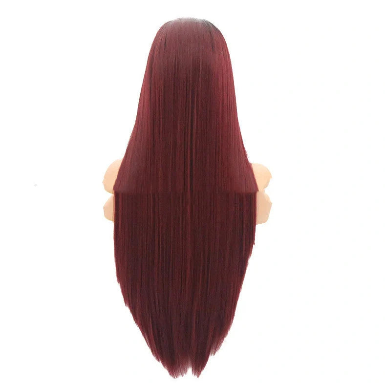 Burgundy trellis chemical fibre headpiece with 26-inch straight high temperature silk hair that maintains colour after dyeing and perming using half-hand woven construction