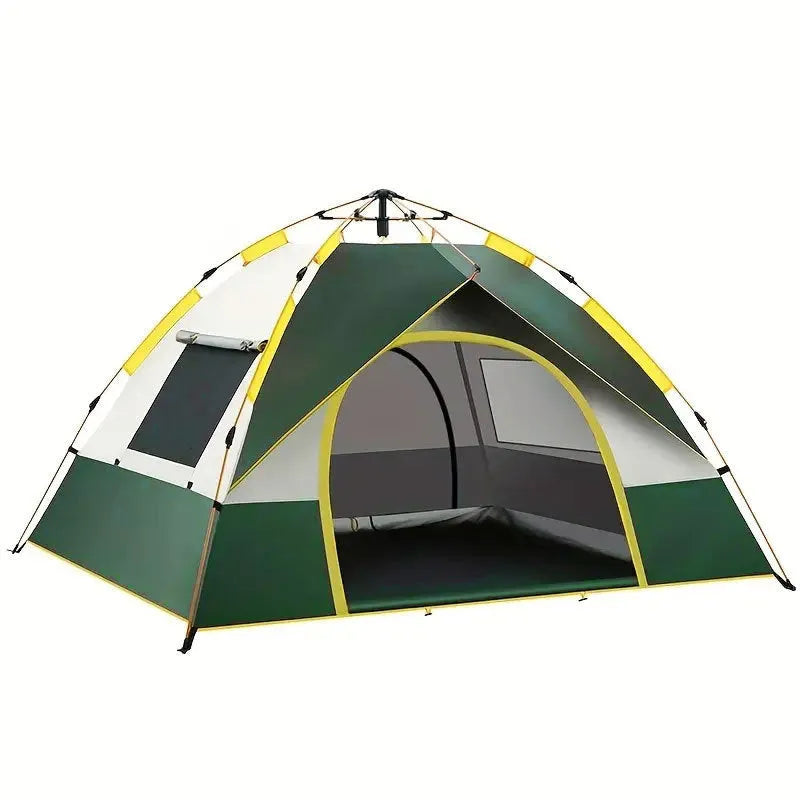 Dark green silver glue automatic quick-open camping tent for 3-4 people, shown erected outdoors.