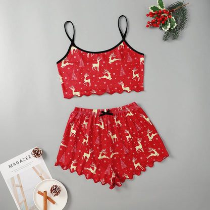 Women's Christmas-themed milk silk pajamas set with sleeveless top and shorts