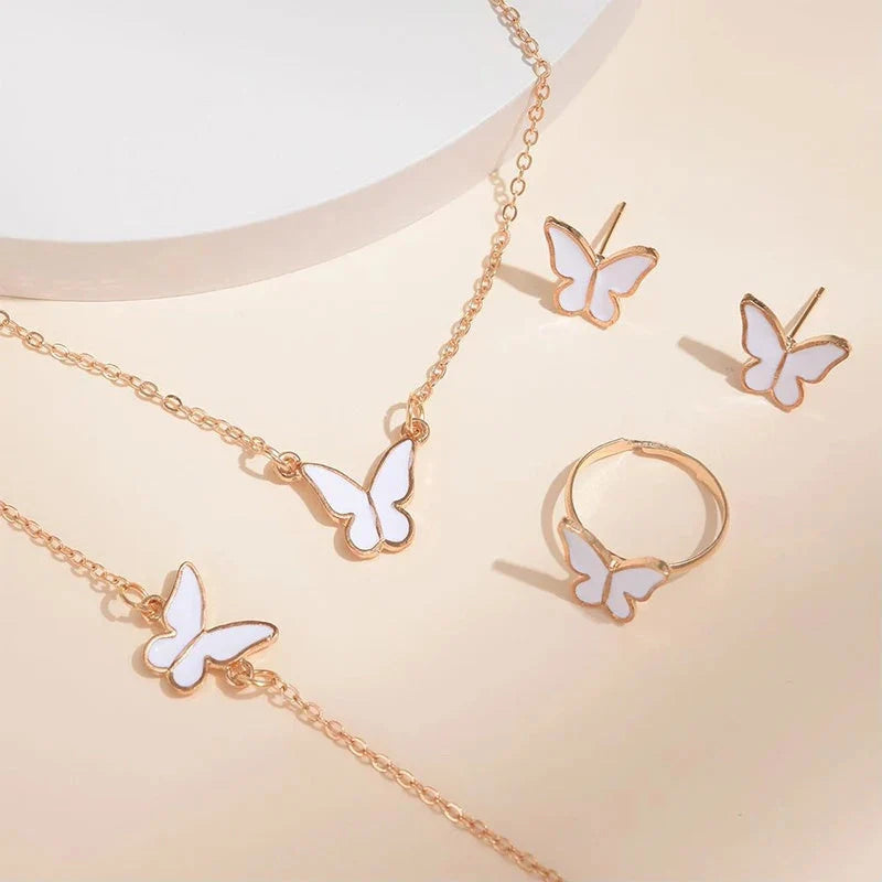 5-piece butterfly pendant jewellery set for women, including necklace, earrings, ring, and bracelet in various colours