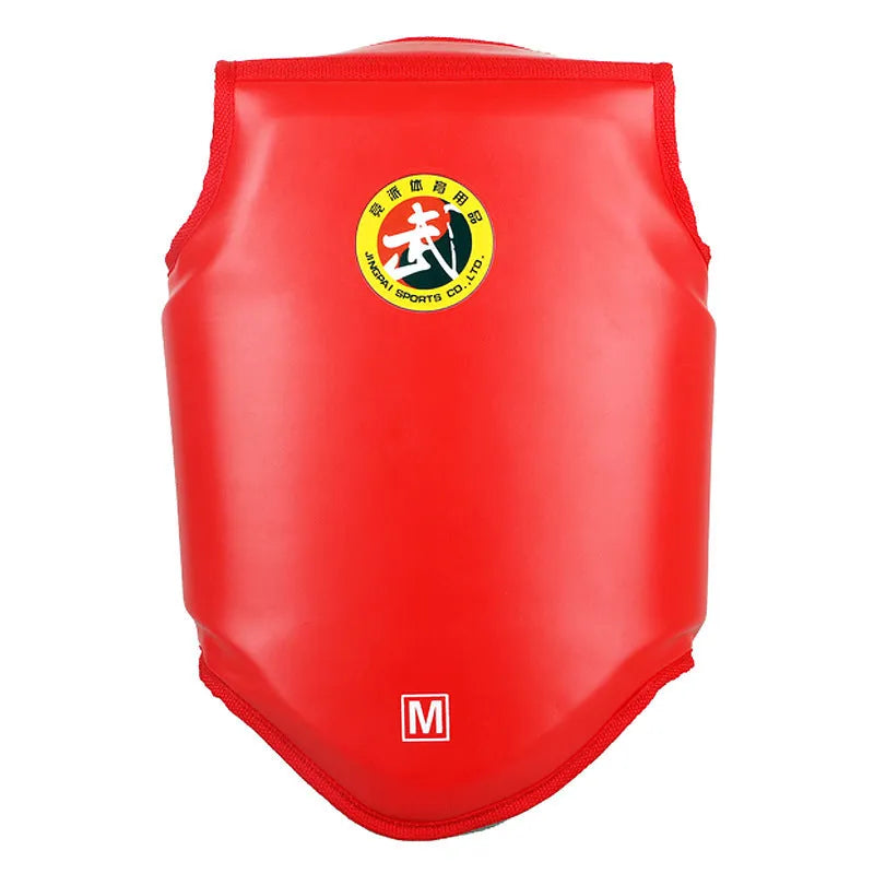 Red boxing helmet and one-piece chest protector set for training, shown in size medium.