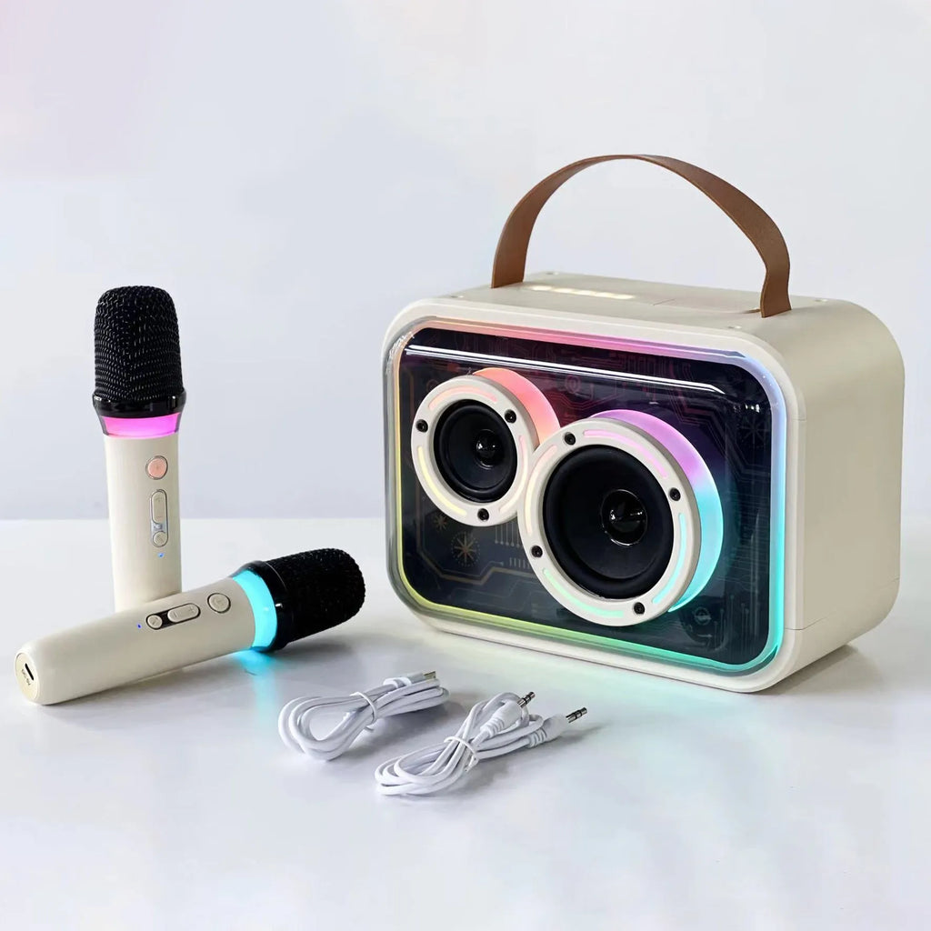 Portable Bluetooth karaoke speaker with RGB lighting in light yellow or black colour options
