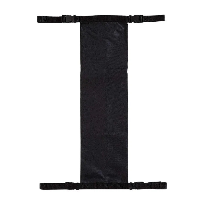 Black cylindrical Oxford cloth pannier bag attached to a wheelchair for oxygen cylinder carriage.